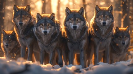Wolves standing in snow with a backlight from the sunrise, showing the strength of the pack. - obrazy, fototapety, plakaty