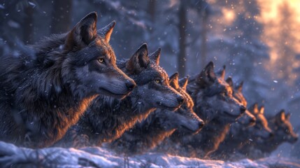 A pack of wolves in a snowy forest at dusk, conveying a sense of wildness and survival. - obrazy, fototapety, plakaty