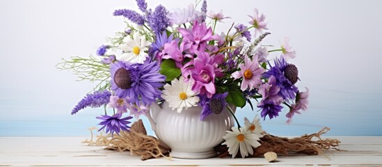 An artfully arranged bouquet of purple and white flowers fill a vase on the table, showcasing the beauty of natures colors
