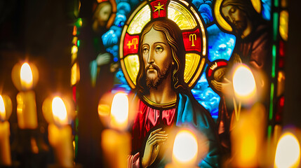 Illuminated by candlelight, a stained glass window depicts the figure of Jesus, surrounded by scenes from his life and teachings