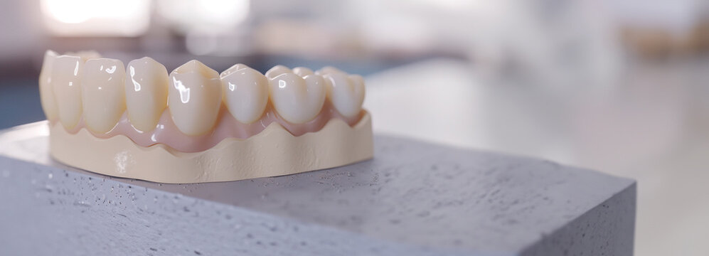 An artistic representation of a dental model highlights the intricate textures and sheen of white teeth against a pink base, evoking a sense of clinical precision. Banner. Copy space