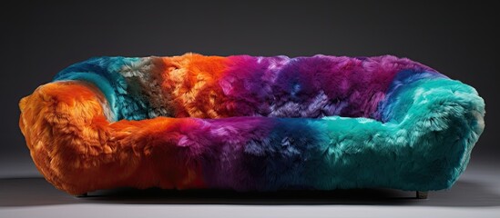 A vibrant purple furry couch sits elegantly on a table, creating a unique art display. The magenta hue contrasts with the violet water underneath, resembling an electric blue font on a rectangle