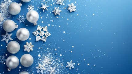 Fototapeta premium a blue background with white snowflakes an Christmas balls on the left side occupying one third of the image, subtle gradient, hyper detailed photography, holiday, celebration