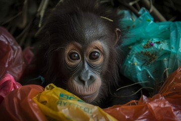 Monkey amidst plastic waste