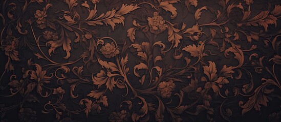 A detailed closeup of a brown floral pattern on a dark black background resembling a natural landscape, with intricate plant twigs and treelike designs