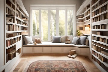 reading corner with a built-in window seat, soft cushions, and a wall-mounted bookshelf, inviting relaxation and escape into literature - obrazy, fototapety, plakaty