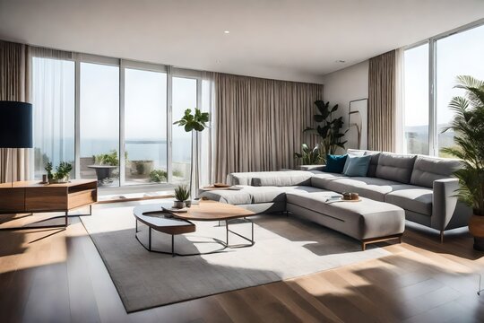 A modern living room with a comfortable sectional sofa, and floor-to-ceiling windows, creating a cozy yet spacious feel