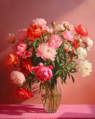 Bouquet of multicolored peonies in vase