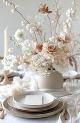 Beautifully set table with a bouquet of dry flowers in a vase, beautiful tableware and cutlery, candles and menu cards