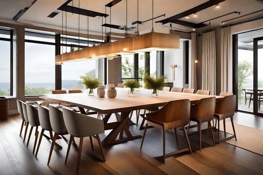dining room bathed in natural light, with a long wooden table set for a modern feast