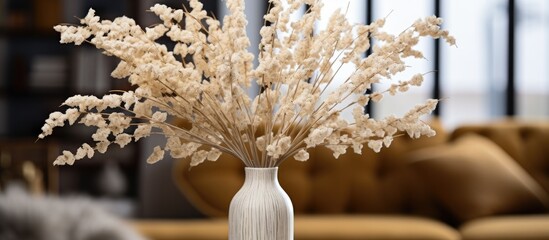 A white vase filled with dried flowers sits elegantly in the living room, adding a touch of beauty and nature to the space