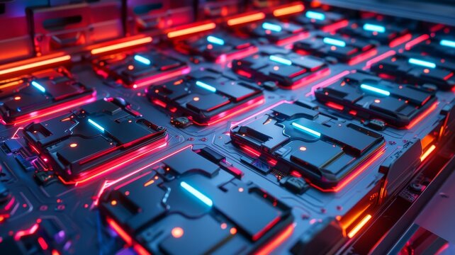 wide angle of an ev battery with neon lights in detail.