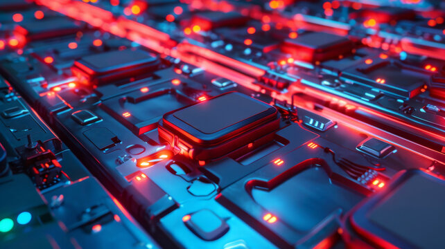 wide angle of an ev battery with neon lights in detail.