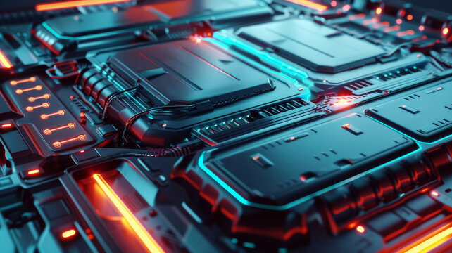 wide angle of an ev battery with neon lights in detail.