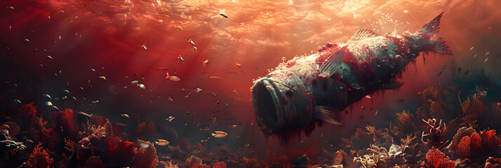 explosion of fire,
 Dead fish in red bloody waters seven plagues of - obrazy, fototapety, plakaty
