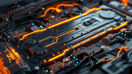 wide angle of an ev battery with neon lights in detail.