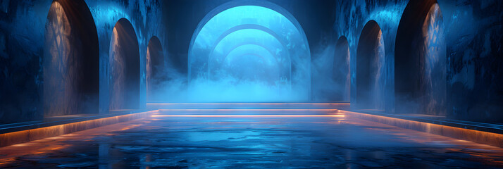  Futuristic background of a stage with blue light,
Stage podium with lighting stage podium scene with for award ceremony
