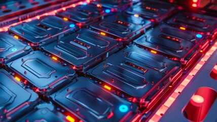 wide angle of an ev battery with neon lights in detail.