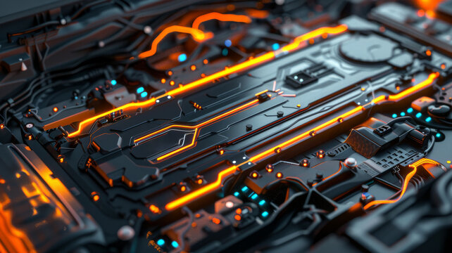 wide angle of an ev battery with neon lights in detail.