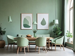 A modern dining room with a pastel green wall and ARTS frames, decorated in a Scandinavian style, features a sofa and chairs next to a BROWN STONE table that faces the window.