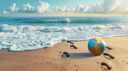 Serene Beach Scene with Colorful Beach Ball AI Generated.