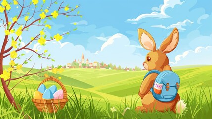 Fototapeta premium Cheerful Easter Bunny Adventure in Springtime Meadows. Generative AI. 