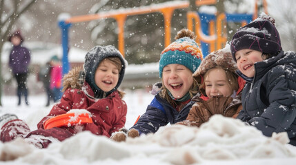 A playful picnic on a snowcovered playground with hot cocoa and a friendly game of hockey. The sound of kids laughing and the smell of hot cocoa create a festive and joyful - obrazy, fototapety, plakaty