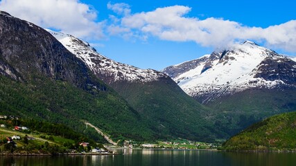 Mountains and Fiord over Norwegian Village, Olden, Innvikfjorden, Norway, Europe