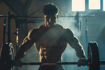 A muscular boy a dedicated bodybuilder training intensely in a gym lifting heavy weights with a barbell embodying strength and fitness. - obrazy, fototapety, plakaty