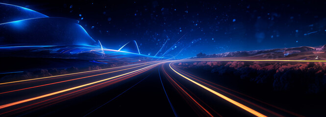 Fototapeta na wymiar Futuristic landscape with neon trails and starry sky, evoking speed and technology.