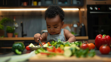 Focused bodybuilder baby preparing a meal in the kitchen selecting vegetables emphasizing the...