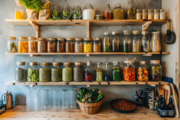 Assorted dry foods and pickles stored neatly in transparent jars.
