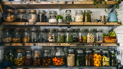 Organized pantry with labeled jars containing spices and produce.