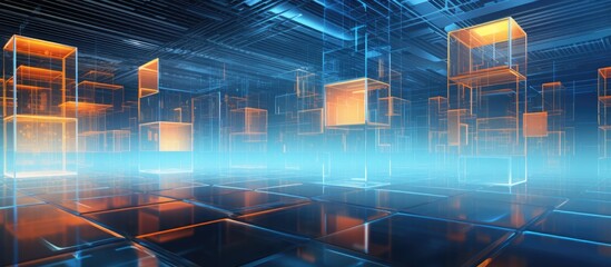 An ethereal cityscape filled with floating cubes, illuminated by automotive lighting against the horizon. Water, clouds, and sky blend with futuristic art and entertainment displays