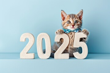Fluffy kitten with numbers 2025 on a blue background.