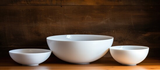 White porcelain bowl set displayed on wooden table