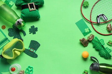 Frame made from sports equipment and decorations for St. Patrick's Day celebration on green...