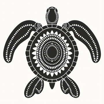 Australian Aboriginal dot painting style art minimalistic logo of a turtle in black on a white background.