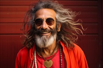 Portrait of an old hippie man with long hair and sunglasses