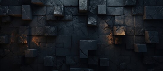 The dark grey brick wall, made from composite material in rectangular shapes, contrasts with the electric blue squares, showcasing engineering skills in building materials - obrazy, fototapety, plakaty