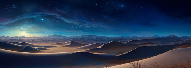 An enchanting desert night with a mesmerizing aurora overhead, casting an otherworldly glow on the undulating sand dunes below. Banner. Copy space - obrazy, fototapety, plakaty
