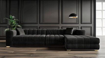 Modern Living Room with Elegant Black Sofa, Wooden Floor, and Minimalist Decor Accents