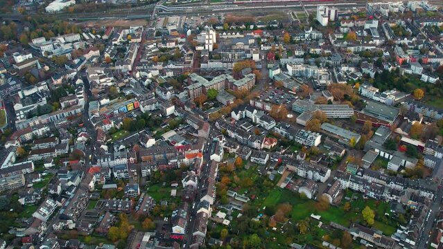 Aerial view around the downtown of the city  Leverkusen in Germany on a cloudy day in autumn	
