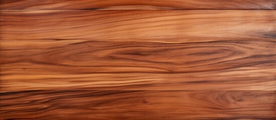 Fototapeta premium A close up of a brown hardwood plank with a rich amber wood stain, showcasing a beautiful grain pattern. The surface is finished with varnish for a glossy shine