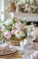 Beautifully set Easter table with a bouquet of spring flowers in a vase, Easter decorations and colored Easter eggs