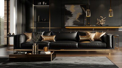 A modern black and gold home interior with sleek lines and minimalist design, featuring a black...