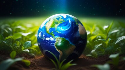 Obraz na płótnie Canvas realistic model of Earth nestled among lush green plants illuminated by radiant light. concepts: Earth Day campaigns, environmental conservation, nature and universe connection.