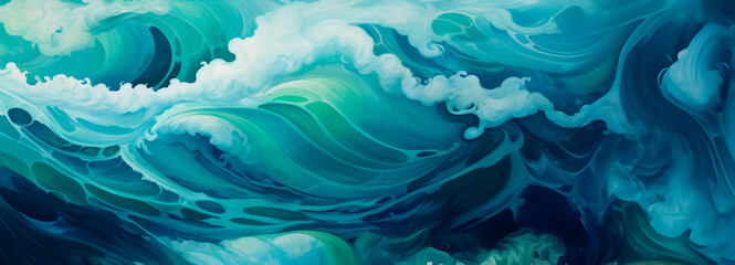Fototapeta na wymiar A visual symphony of teal crescendos powerfully invokes the surges of sea storms, creating a compelling depiction of the ocean's dramatic energy. Banner. Copy space.
