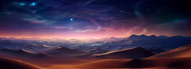 Photo sur Plexiglas Aurores boréales A twilight aurora casts a celestial glow over a snowy mountain range, with sparkling stars and a vibrant cosmic backdrop. Banner. Copy space.