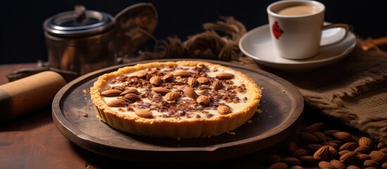 A crostata is placed on a wooden plate alongside a coffee cup on a saucer, creating a beautiful display of food and tableware